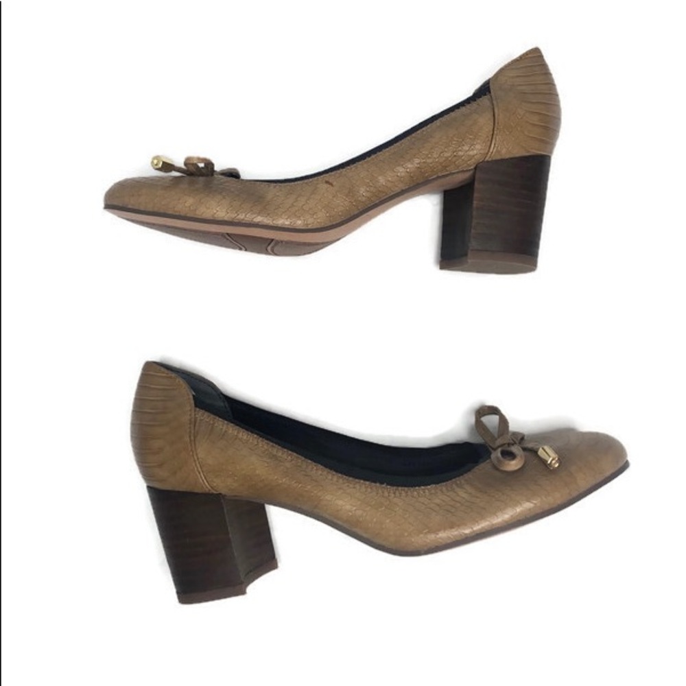 Franco Sarto tan faux reptile wooden block heels 6